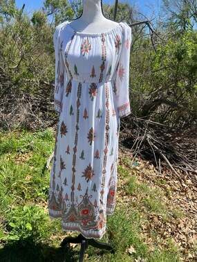 Lapogee Boho Off-The-Shoulder Floral Border Print Maxi Dress